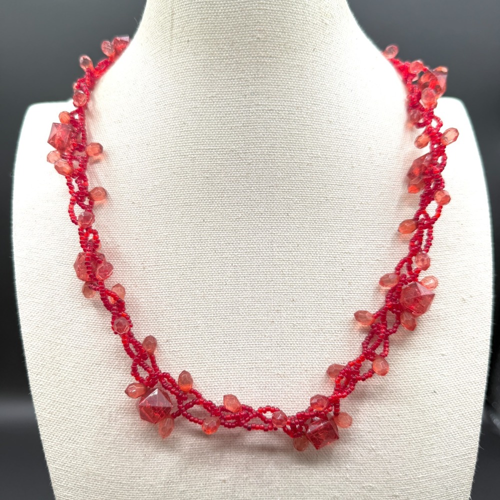 Red Seed Bead Necklace Faceted Drop Beads Multi Strand Statement Boho Jewelry